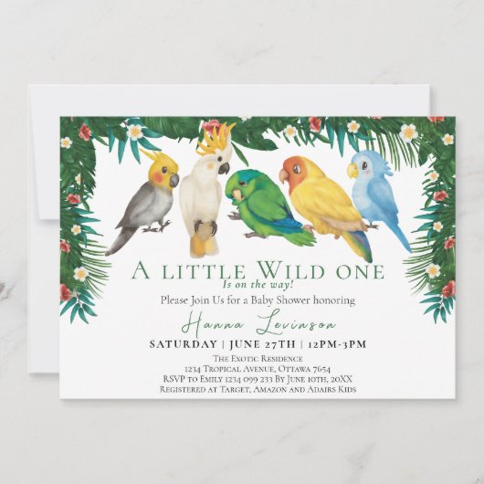 野生の熱帯性外来種のオウムの赤ちゃんシャワー 招待状 (正面)
