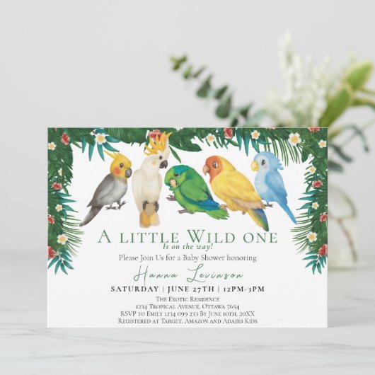 野生の熱帯性外来種のオウムの赤ちゃんシャワー 招待状 (スタンド正面)