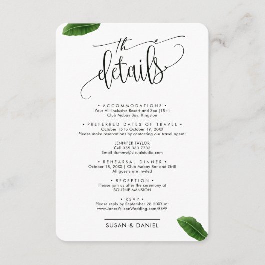 野生の熱帯葉の写真結婚の旅行詳細 エンクロージャーカード (正面)