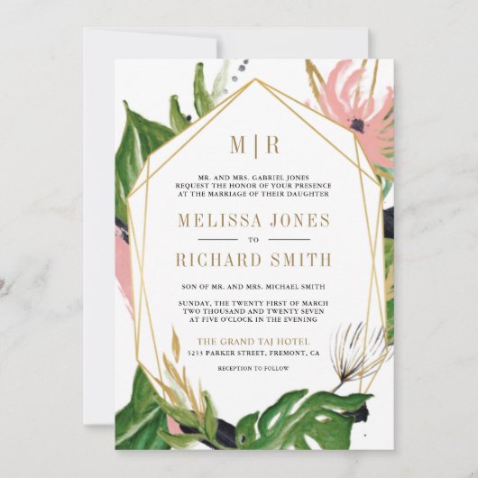 野生の熱帯金ゴールドピンクフローラすべて結婚の 招待状 (正面)
