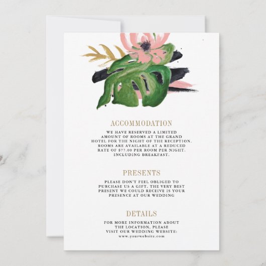 野生の熱帯金ゴールドピンクフローラすべて結婚の 招待状 (裏面)