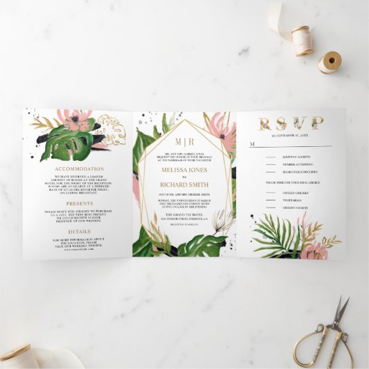 野生の熱帯金ゴールド赤面ピンク結婚フローラ 三つ折り招待状 (内部)