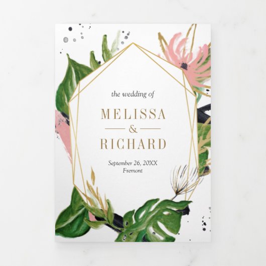 野生の熱帯金ゴールド赤面ピンク結婚フローラ 三つ折り招待状 (カバー)
