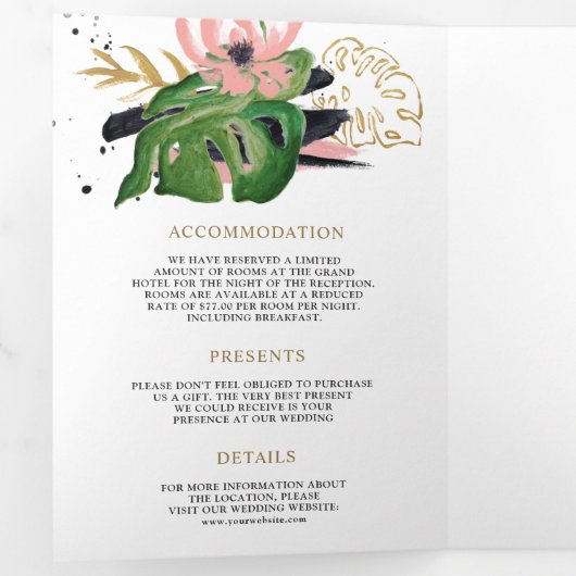 野生の熱帯金ゴールド赤面ピンク結婚フローラ 三つ折り招待状 (内部最初)