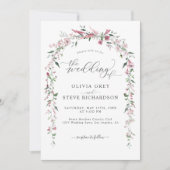 野生の牧草地ほこりっぽいピンクのフローラアーチ結婚写真 招待状 (正面)