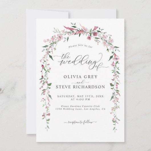 野生の牧草地ほこりっぽいピンクのフローラアーチ結婚写真 招待状 (正面)