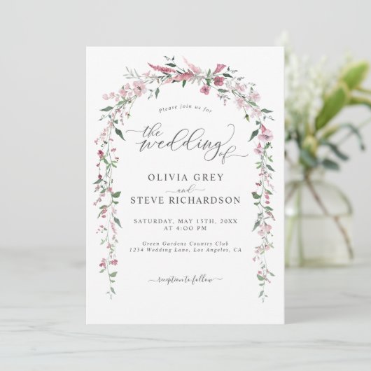 野生の牧草地ほこりっぽいピンクのフローラアーチ結婚写真 招待状 (スタンド正面)