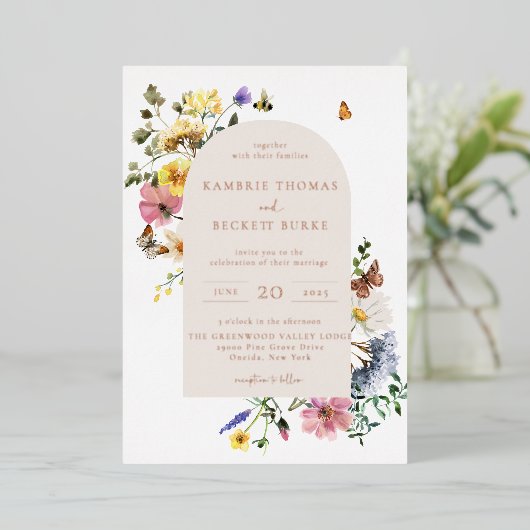 野生の牧草地フローラアーチフレ結婚ーム 箔招待状 (立ち正面)