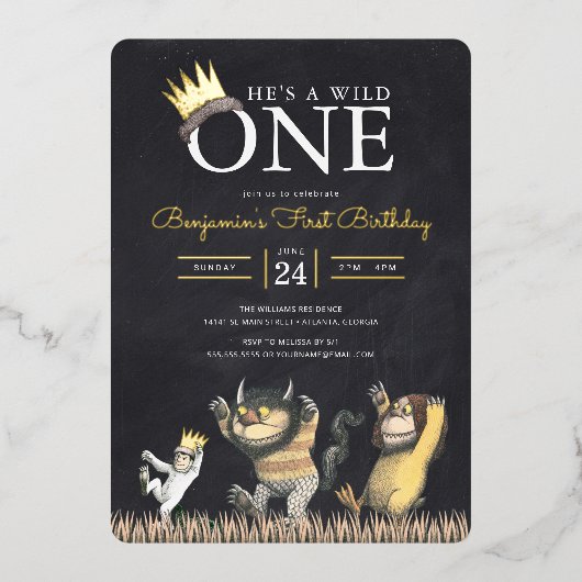 野生の物がチョークボードの最初の誕生日 箔招待状 (正面)