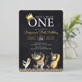 野生の物がチョークボードの最初の誕生日 箔招待状 (立ち正面)