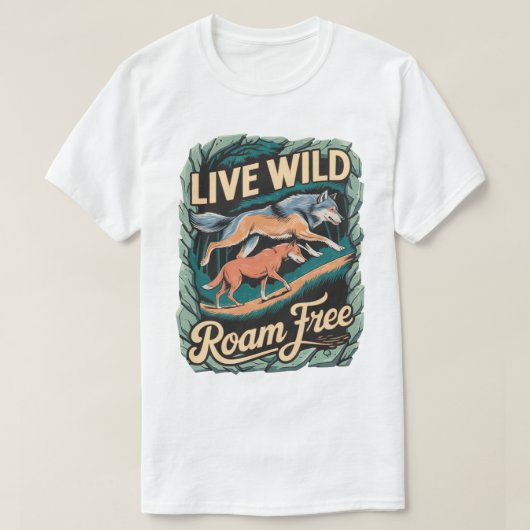 野生の狼の冒険　レトロな自然の芸術 Tシャツ (デザイン正面)