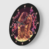 野生の猫の子猫、ブラックピンク赤フローラ渦巻き ラージ壁時計 (傾斜)