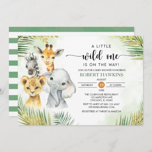 野生の男女兼用サファリ動物のベビーシャワー 招待状 (正面/裏面)