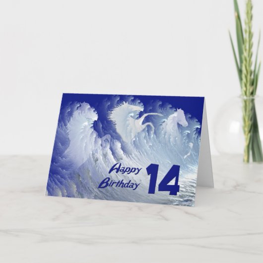 野生の白いサーフウマと14th誕生日カード カード (正面)