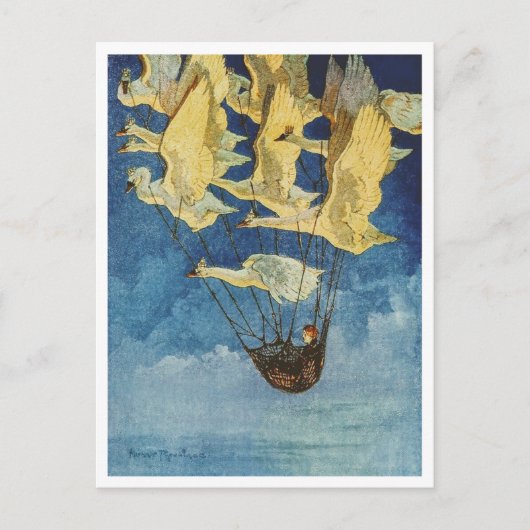 野生の白鳥と飛んでいるハリー・ラウンドツリーの子 ポストカード (正面)