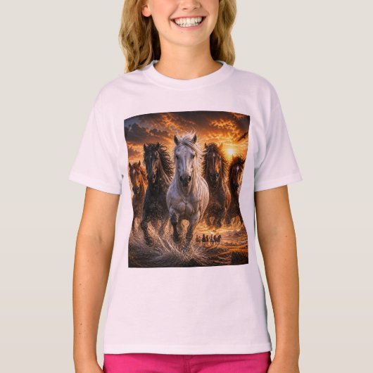 野生の精神のスタンピード - 雄大な走る馬のアート Tシャツ (正面)