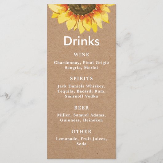 野生の素朴ひまわり。シンプル結婚バー メニュー (正面)