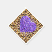 野生の紫きらめくのハートとヒョウ柄 スタンダードカクテルナプキン (角)