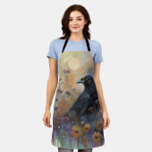 野生の絵を描花を持つ手のカラス エプロン (着用した状態)