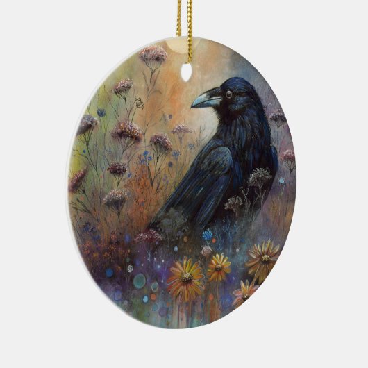 野生の絵を描花を持つ手のカラス セラミックオーナメント (右)