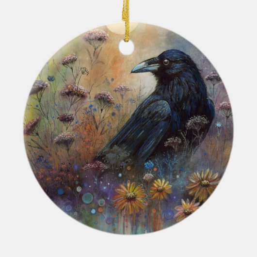 野生の絵を描花を持つ手のカラス セラミックオーナメント (裏面)