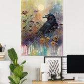 野生の絵を描花を持つ手のカラス ポスター (ホームオフィス)