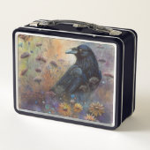 野生の絵を描花を持つ手のカラス メタルランチボックス (裏面)