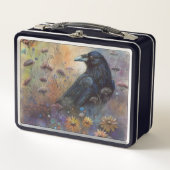 野生の絵を描花を持つ手のカラス メタルランチボックス (正面)