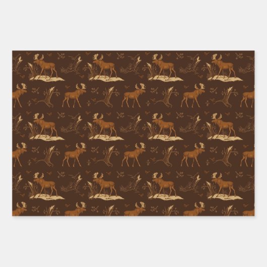 野生の自然ムースの鳥ダークブラウン素朴の森 ラッピングペーパーシート (正面)