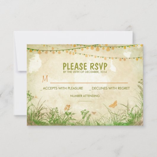 野生の花およびRSVPカードを結婚するひもライト 出欠カード (正面)