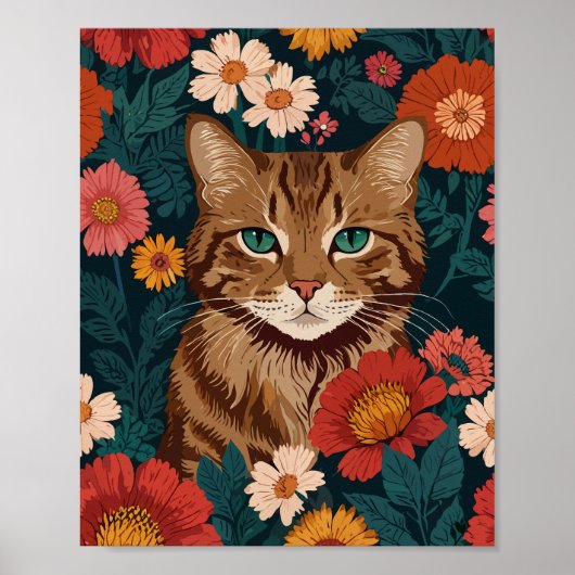 野生の花が咲くオレンジキャット ポスター (正面)