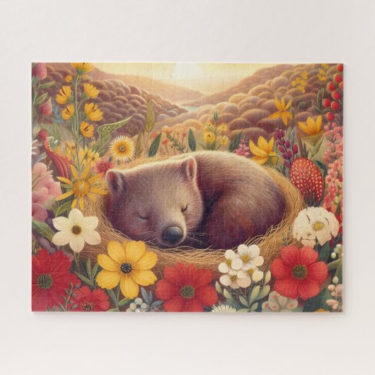 野生の花で眠るウォンバット ジグソーパズル (横)