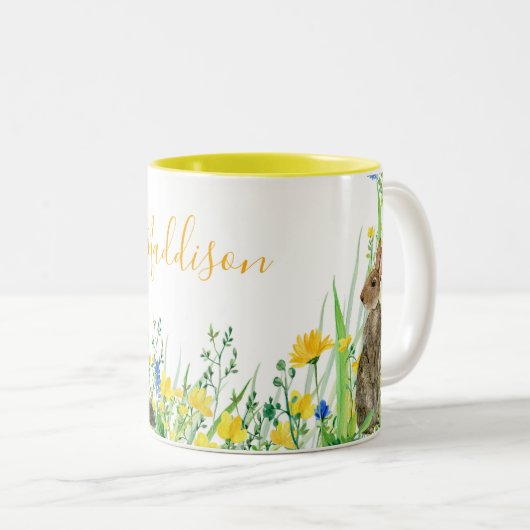 野生の花とウサギのフローラ水彩2トン ツートーンマグカップ (正面右)