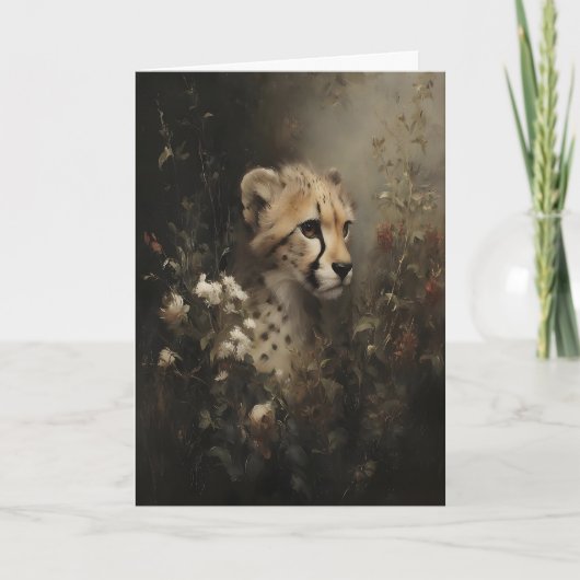 野生の花とチーターのビンテージ油絵、ダーク カード (正面)