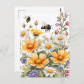 野生の花とハチミツの蜂 水彩画 ポストカード (正面/裏面)