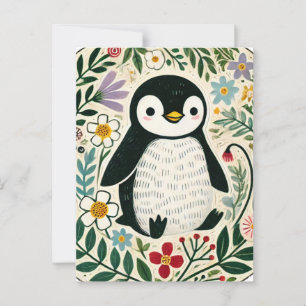 野生の花とペンギンラバーズのイラスト ポストカード