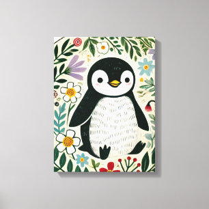 野生の花とペンギンラバーズイラスト キャンバスプリント