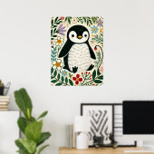 野生の花とペンギンラバーズイラスト ポスター (ホームオフィス)