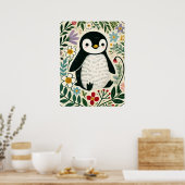 野生の花とペンギンラバーズイラスト ポスター (キッチン)