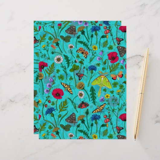 野生の花と蛾オンティール（緑がかった色） (正面/裏面インサイチュ)