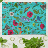 野生の花と蛾オンティール(緑がかった色) キッチンタオル (折り畳み)