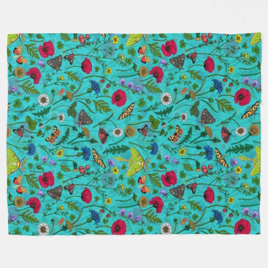 野生の花と蛾オンティール(緑がかった色) フリースブランケット (正面(横))