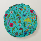 野生の花と蛾オンティール(緑がかった色) ラウンドクッション (裏面)