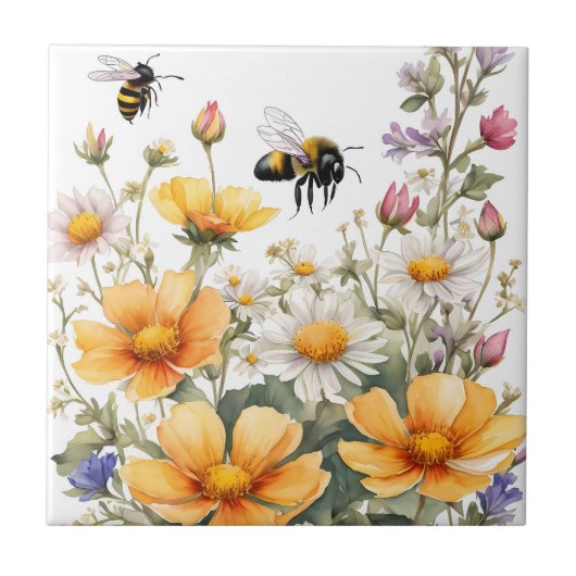 野生の花と蜂蜜の蜂水色 タイル (正面)