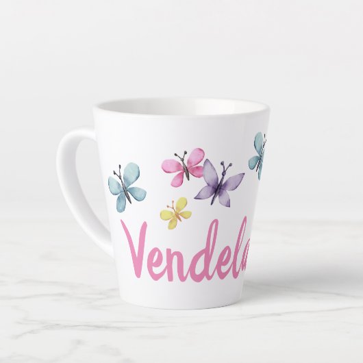 野生の花と蝶と個人的な名前 カフェラテマグ (左アングル)