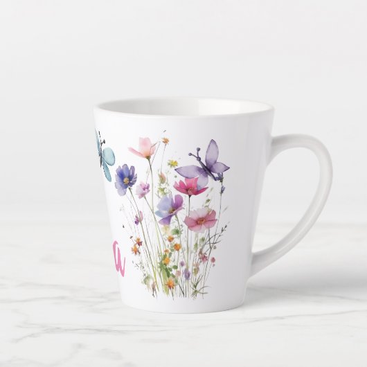 野生の花と蝶と個人的な名前 カフェラテマグ (右)