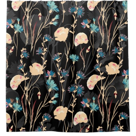 野生の花のイラストレーション。ヴィンテージ継ぎ目のないパット シャワーカーテン (正面)