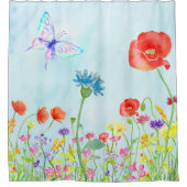 野生の花のケシ草原の蝶水彩画の青 シャワーカーテン (正面)