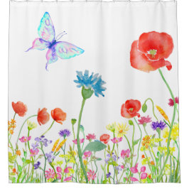 野生の花のケシ草原の蝶水彩画 シャワーカーテン