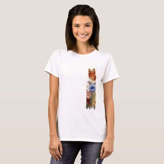野生の花のブラシの中の絵を描蝶 Tシャツ (正面フル)